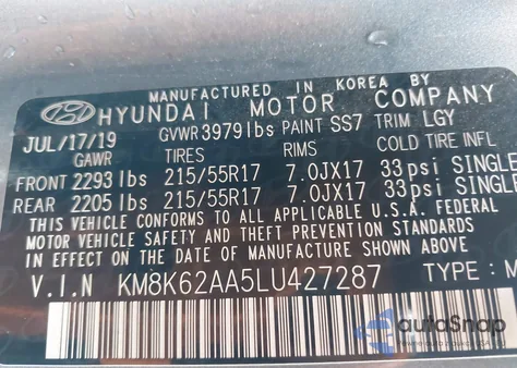 2020 Hyundai Kona Sel Plus z USA, uszkodzony, nr VIN KM8K62AA5LU427287